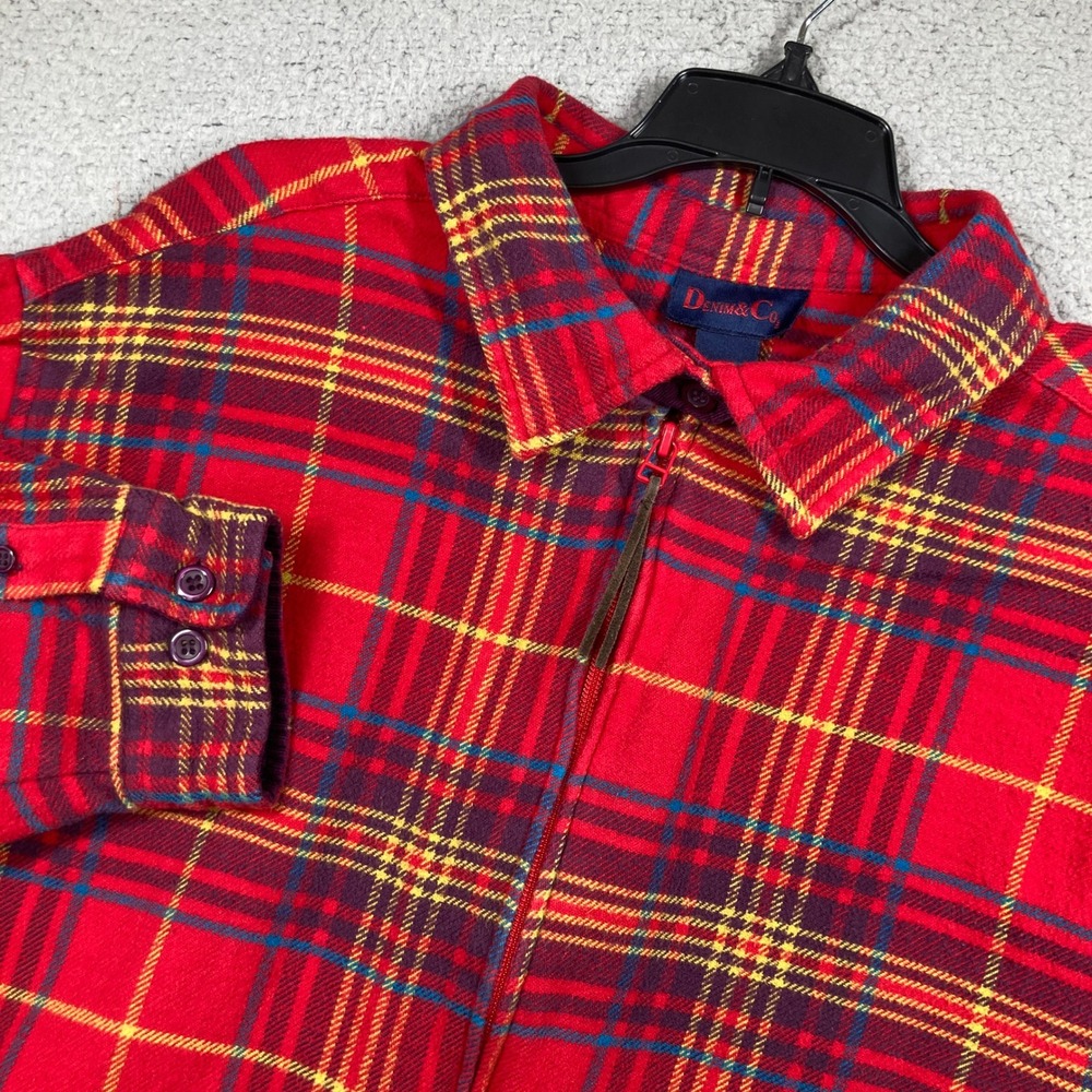Denim & Co. Plaid Shirt Jacket Womens 1X Red Full Zip Cotton Flannel Shacket